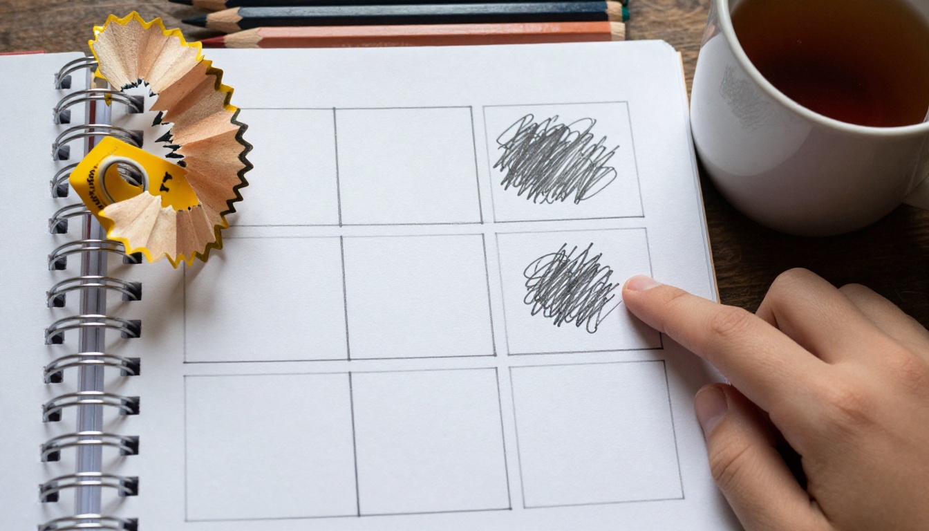 Spiral notebook with a hand-drawn grid of six empty storyboard boxes, a mug of tea and coloured pencils