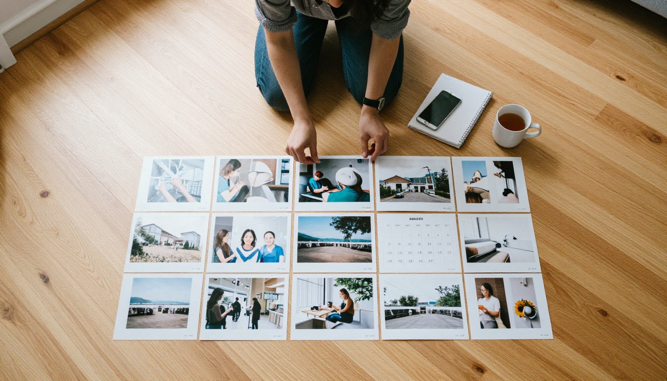 Content creator arranging forty printed vertical photographs in a calendar grid on a wooden floor