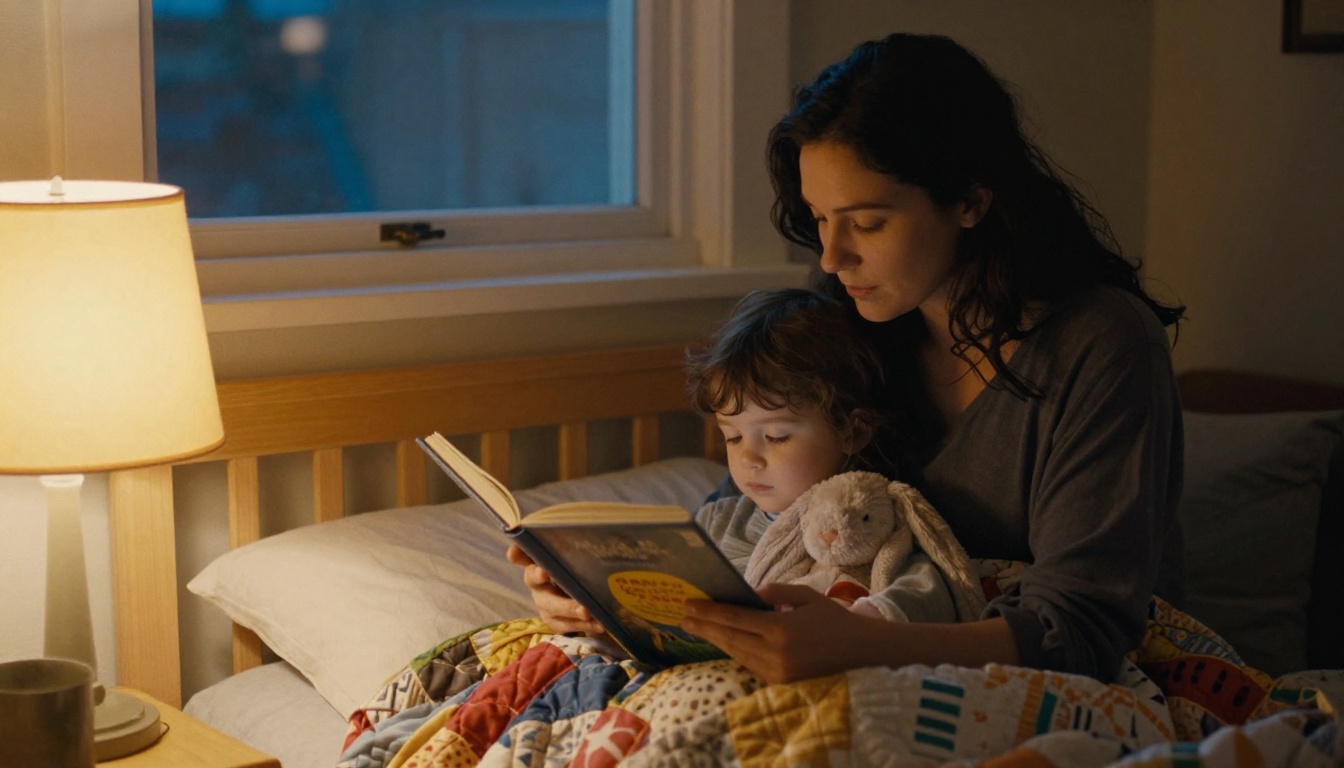 A mother reading a thick picture book to a toddler tucked under a patchwork quilt by a bedside lamp