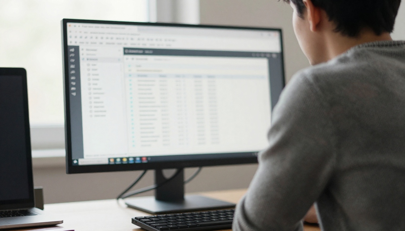Developer inspecting the browser network tab on a large monitor in a bright office