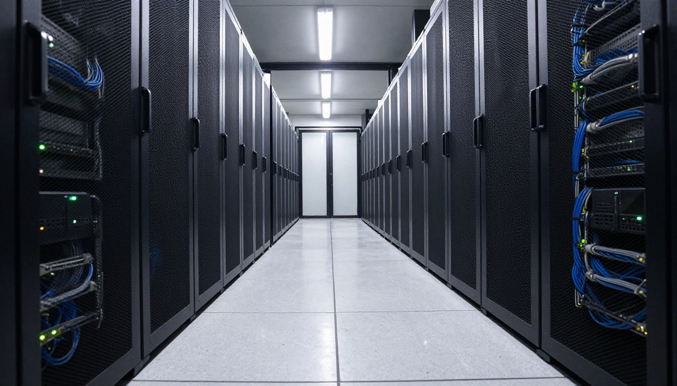 Wide low-angle view down an aisle of server racks in a data center