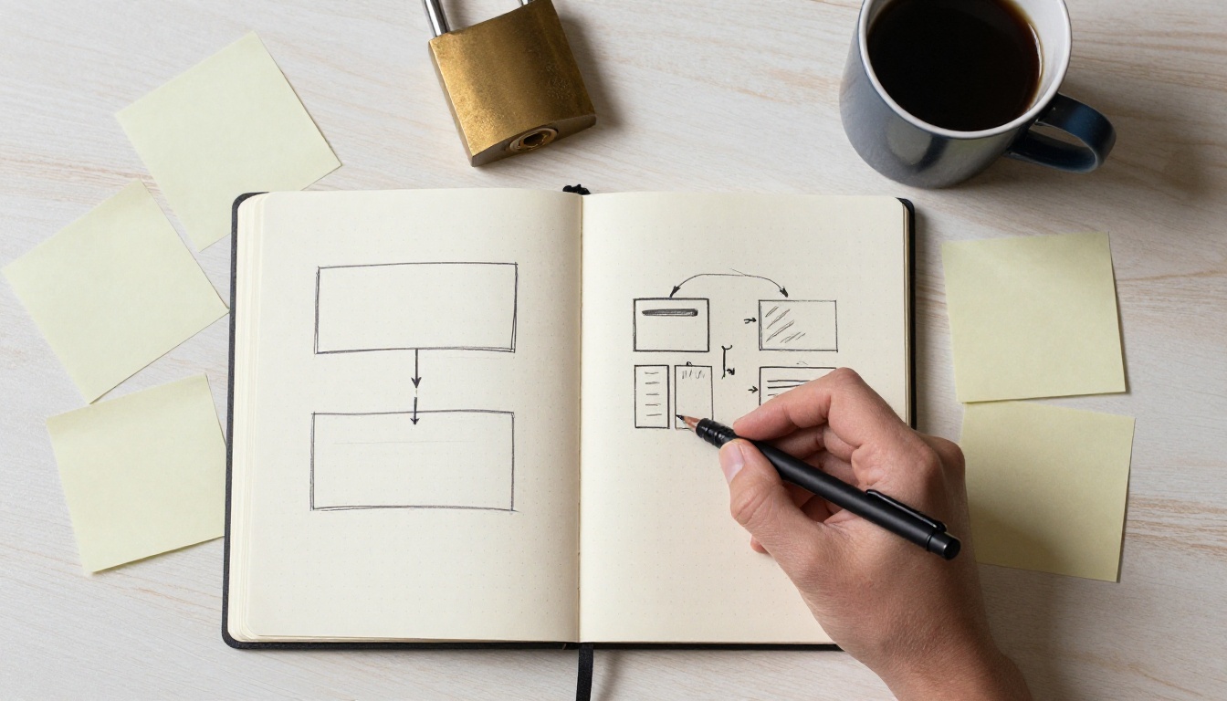 Top-down view of a hand sketching a three-box architecture diagram in a notebook
