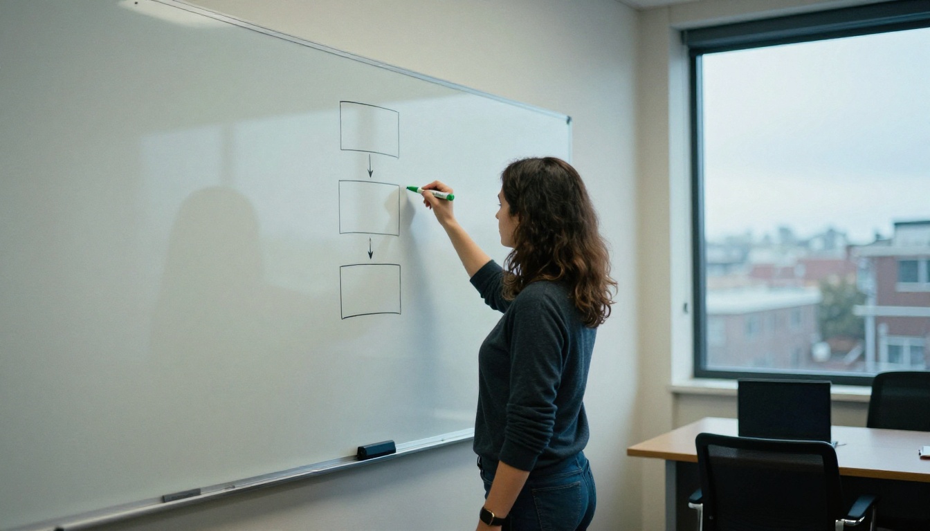 Engineer drawing a three-step flow with arrows on a glass whiteboard in a meeting room