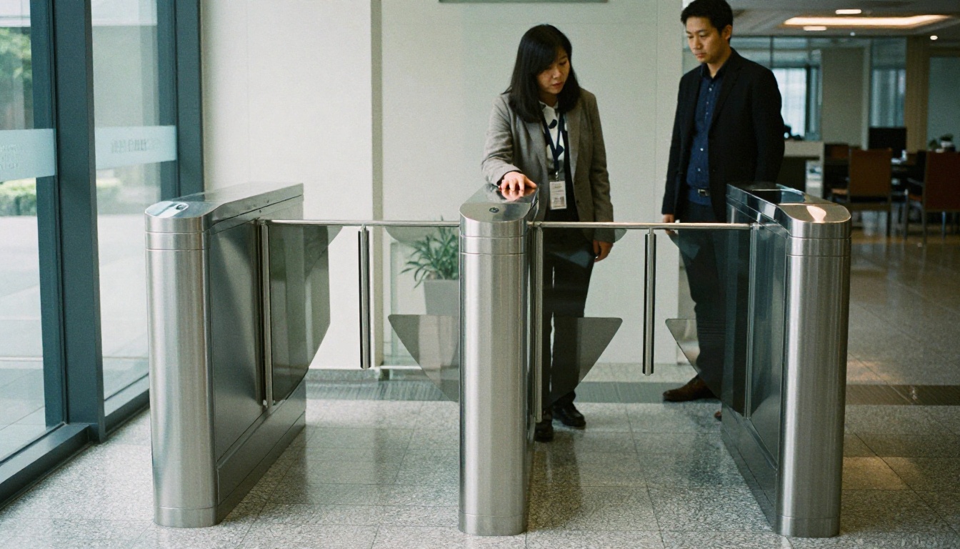 Stainless steel turnstile gate in a modern office lobby with one visitor passing through