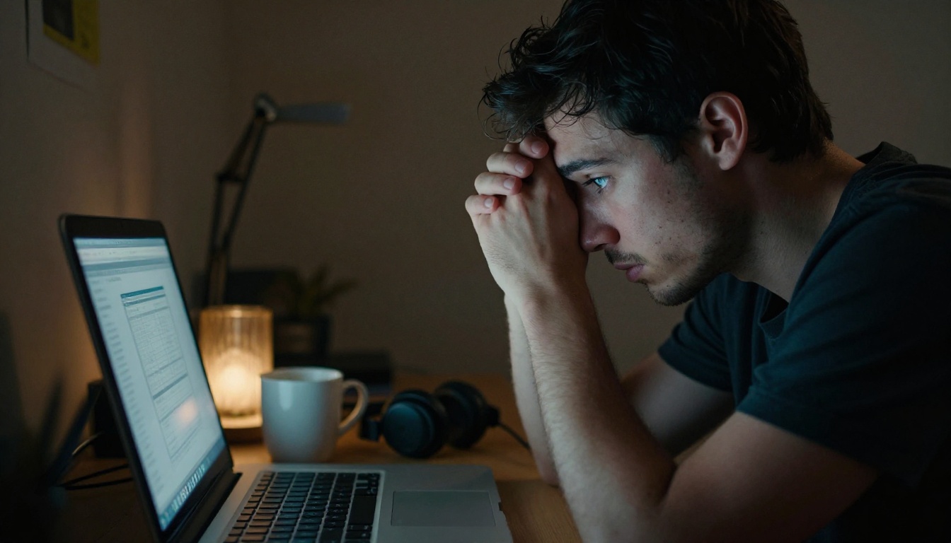 Worried developer resting a hand on the forehead late in the evening in front of a laptop