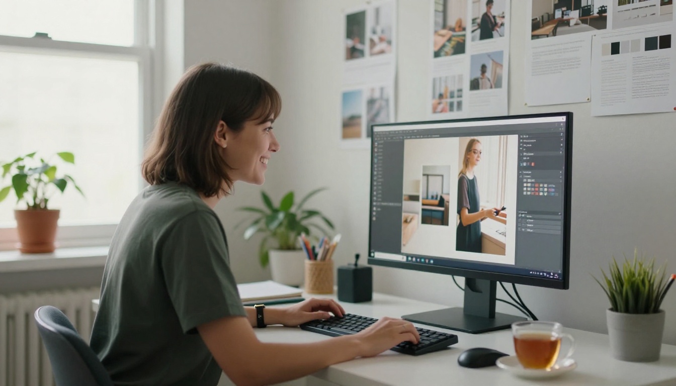 Smiling designer at a bright studio desk looking at a monitor full of photographs