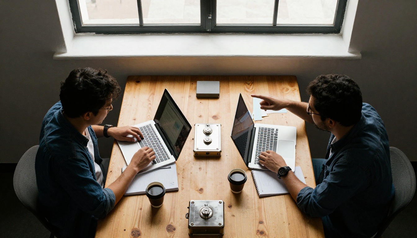 Two developers working side by side at a shared table with a steel lockbox between them