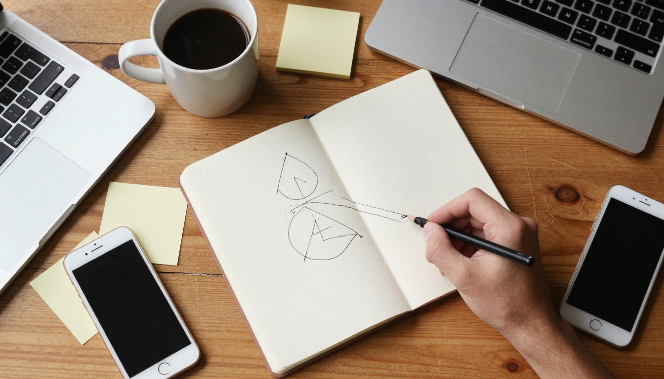 Founder sketching the three layers of a product in a notebook beside a laptop on a wooden desk