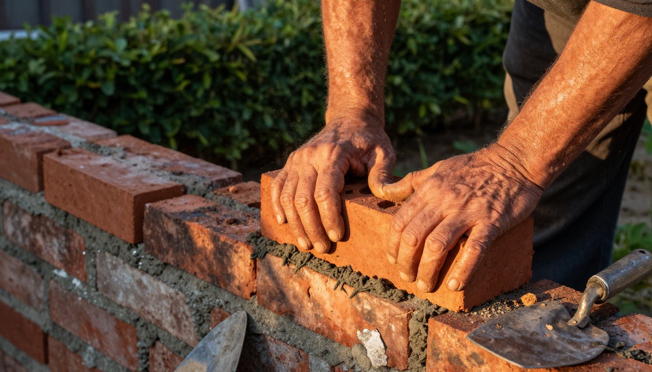 Low-angle view of a bricklayer's hands setting a brick into mortar on a half-built wall