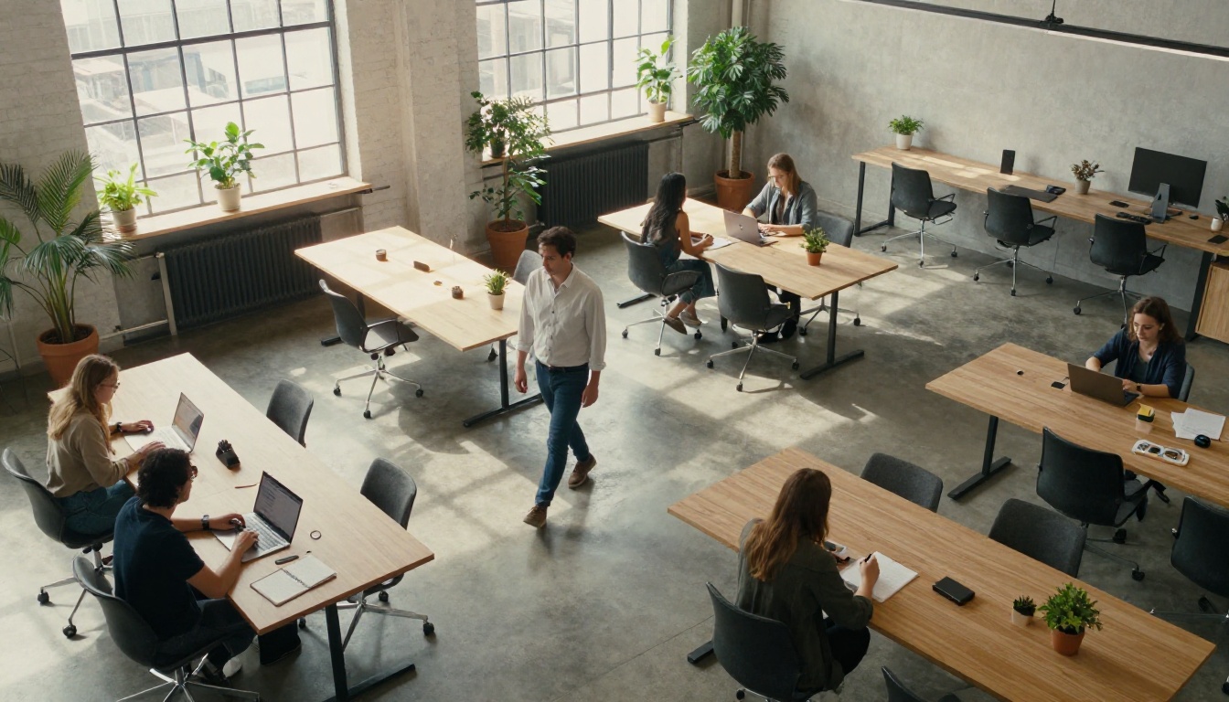 Aerial view of small teams working at long wooden tables in a bright coworking loft