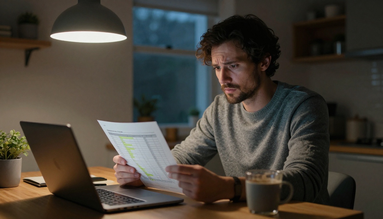 Over-the-shoulder view of a founder studying a printed spreadsheet at a kitchen table in the evening