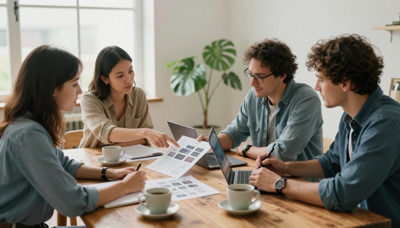 Four colleagues around a wooden table reviewing printed app screens and a laptop