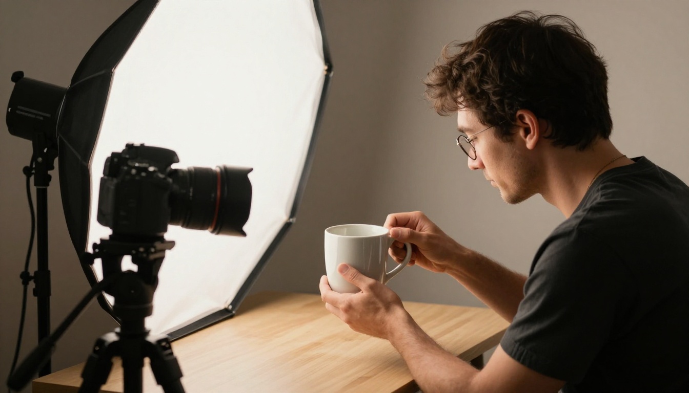 Product photographer retouching a ceramic mug photo on a large monitor in a small studio
