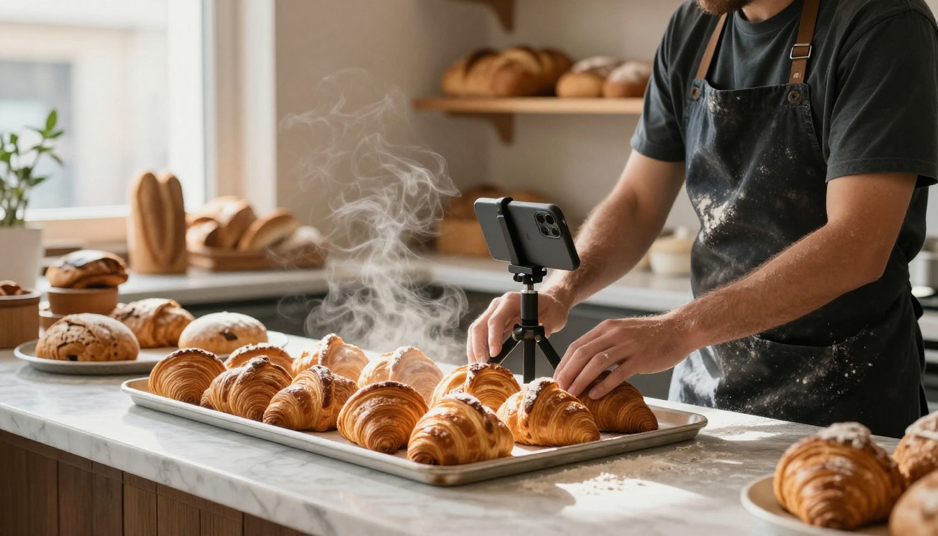 Bakery owner filming a tray of croissants with a phone on a small tripod