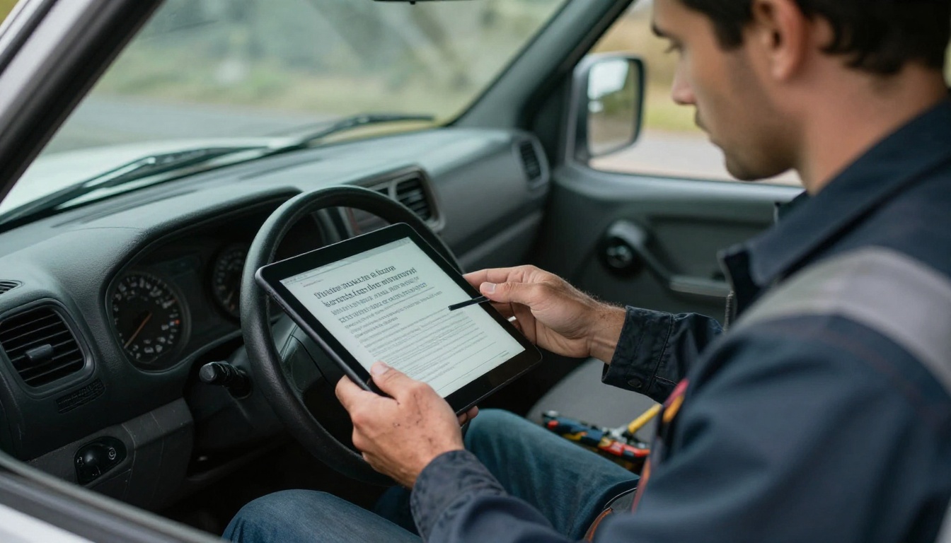 Electrician in a work van holding a tablet with an open toolbox on the passenger seat
