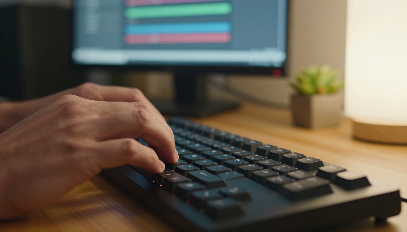 Macro view of a developer's hands typing with a blurred monitor and a small plant on the desk