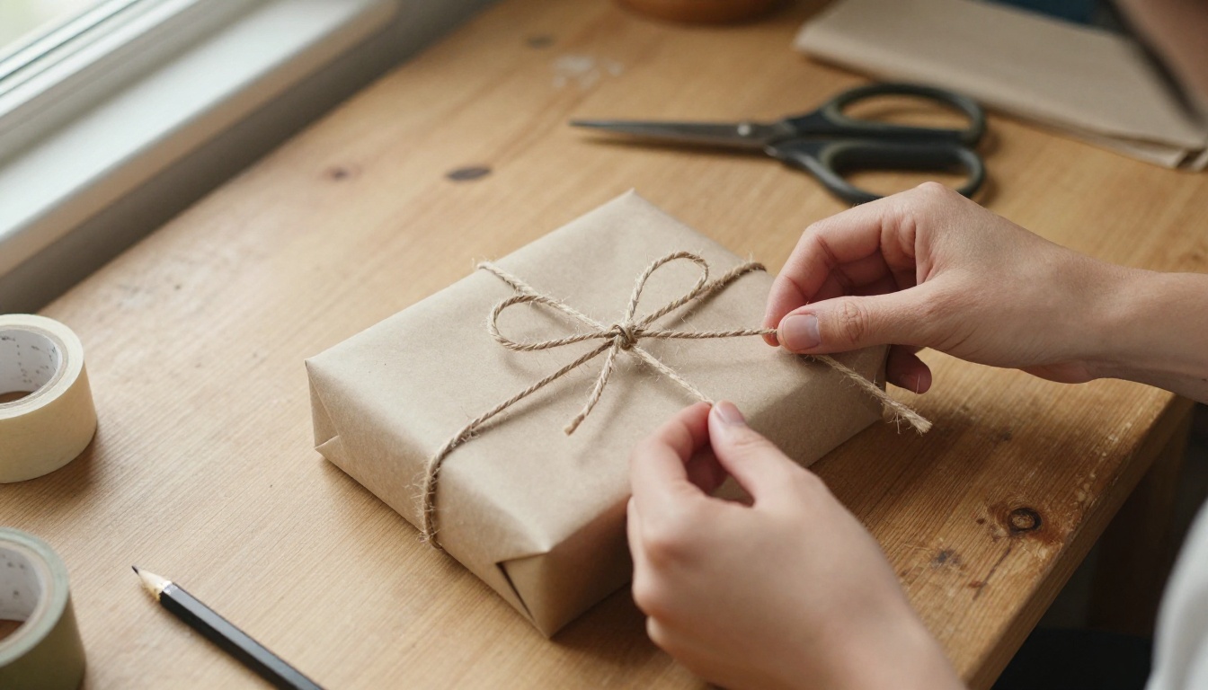 A pair of hands wrapping a small gift box in kraft paper and twine on a pine workbench