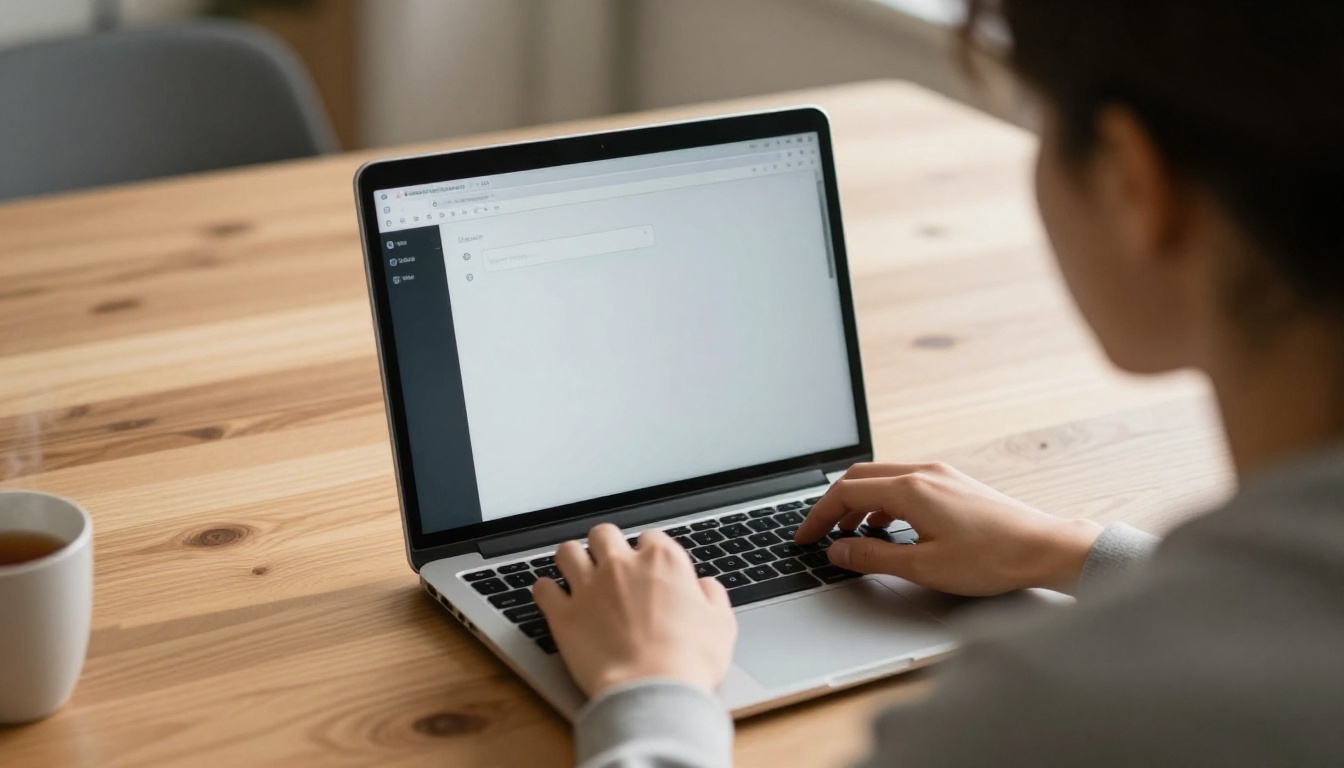 A product designer typing a short message into a simple chat window on a laptop