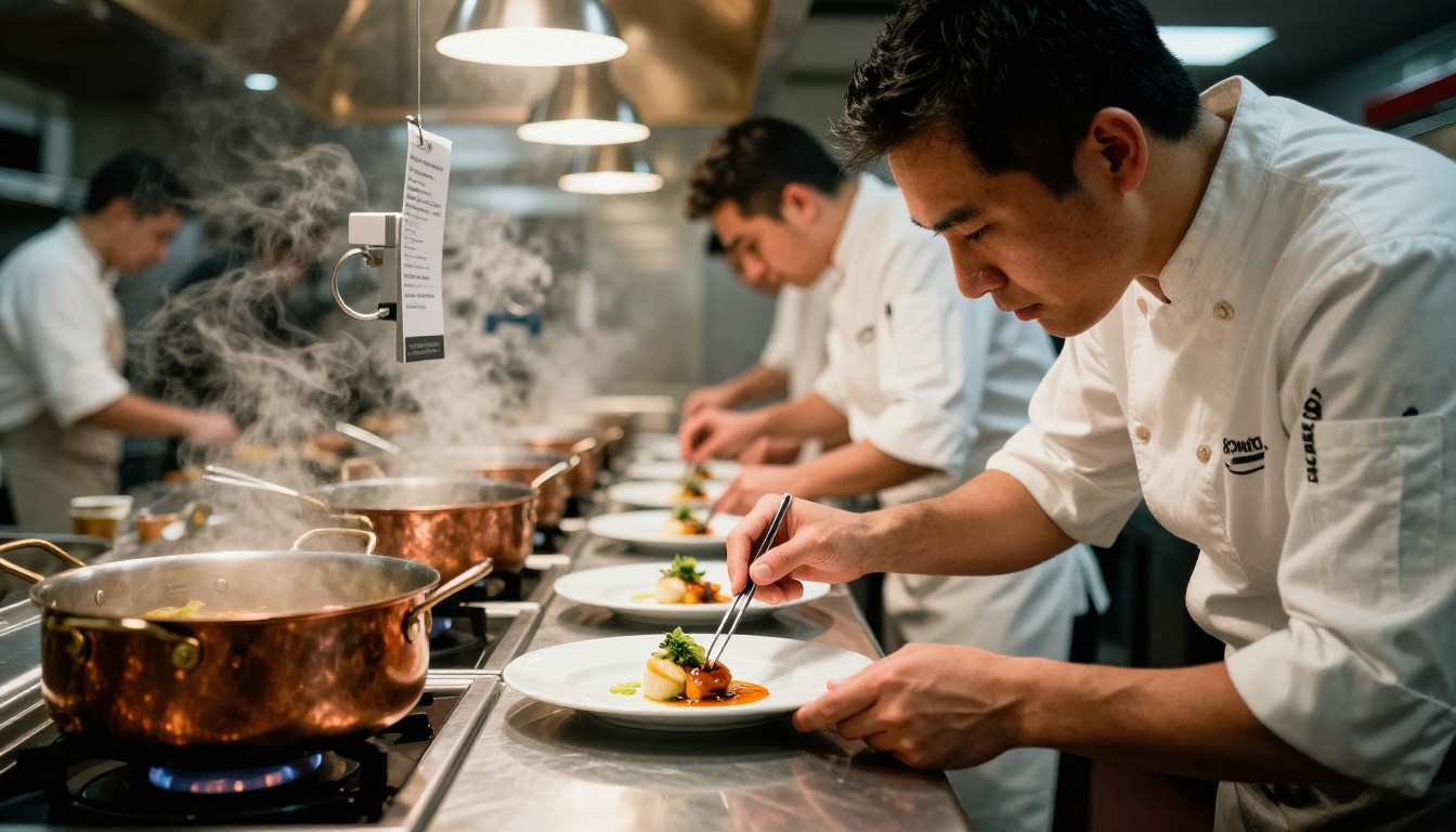 A sous chef plating a dish while checking an order ticket in a busy restaurant kitchen