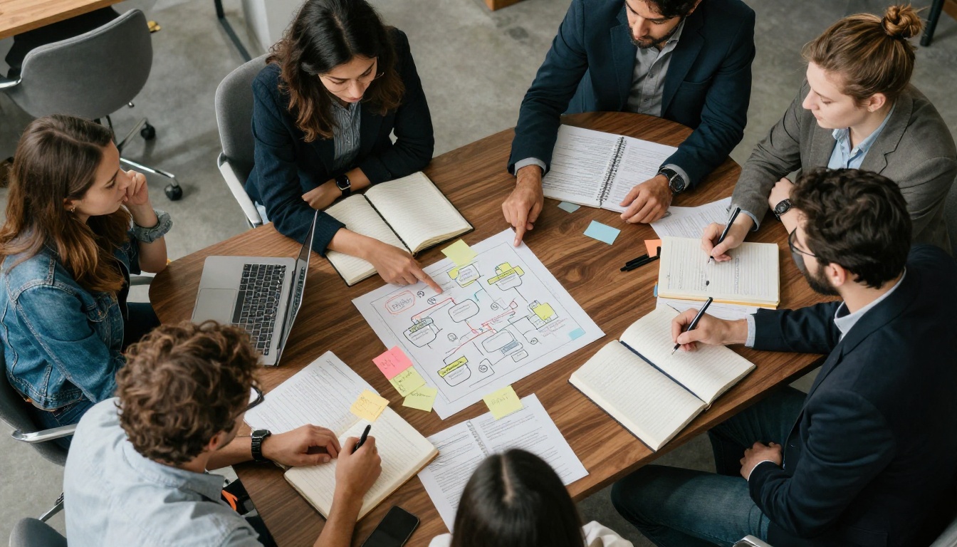 Five colleagues gathered around a table full of printed flowcharts and sticky notes
