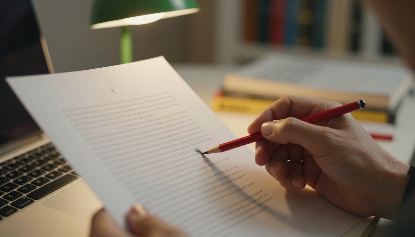 A copy editor holding a red pencil over a printed draft beside an open laptop