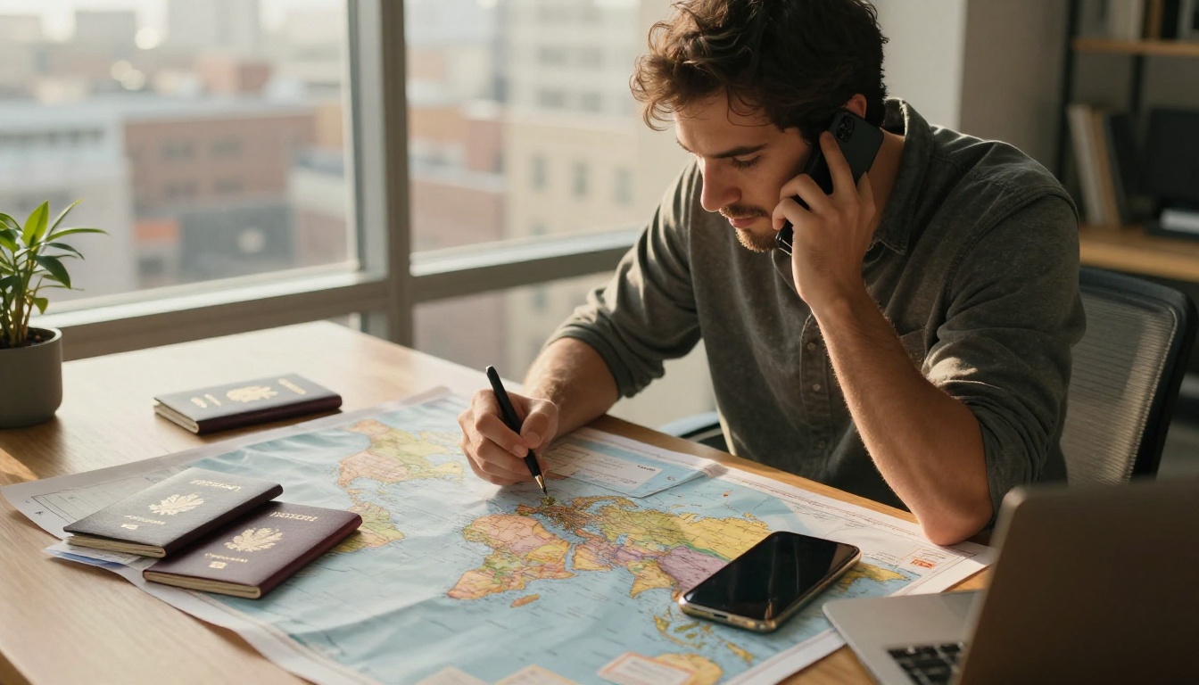 A travel planner comparing options with a paper map, passports, and a phone at a sunlit desk