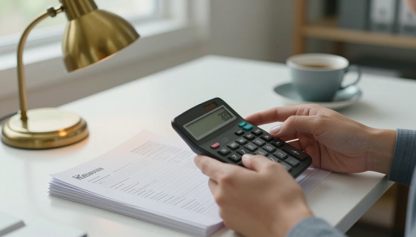 A business owner holding a calculator over a stack of invoices at a tidy desk