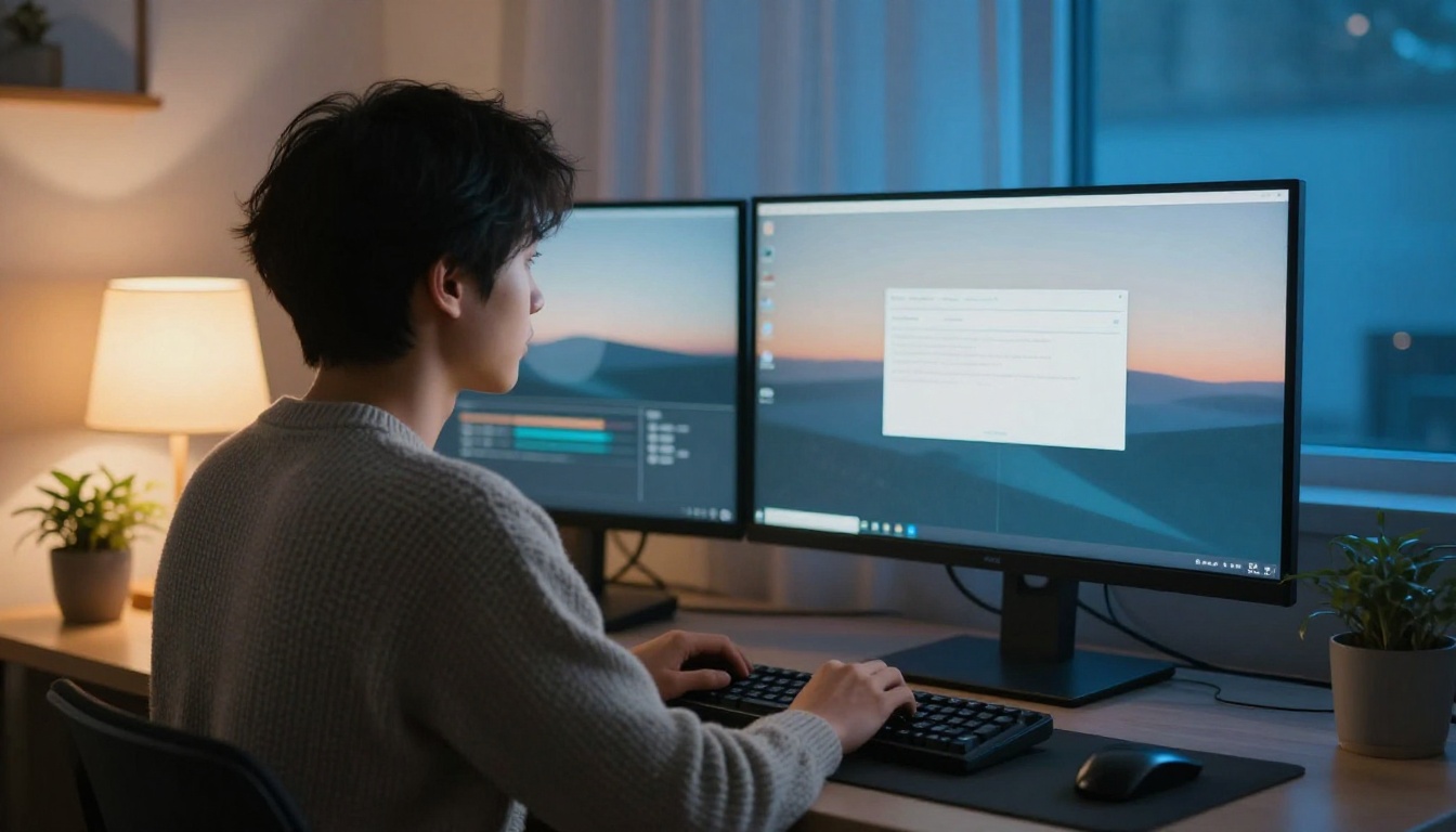 A software engineer at a dual-monitor desk in a calm home office at dusk
