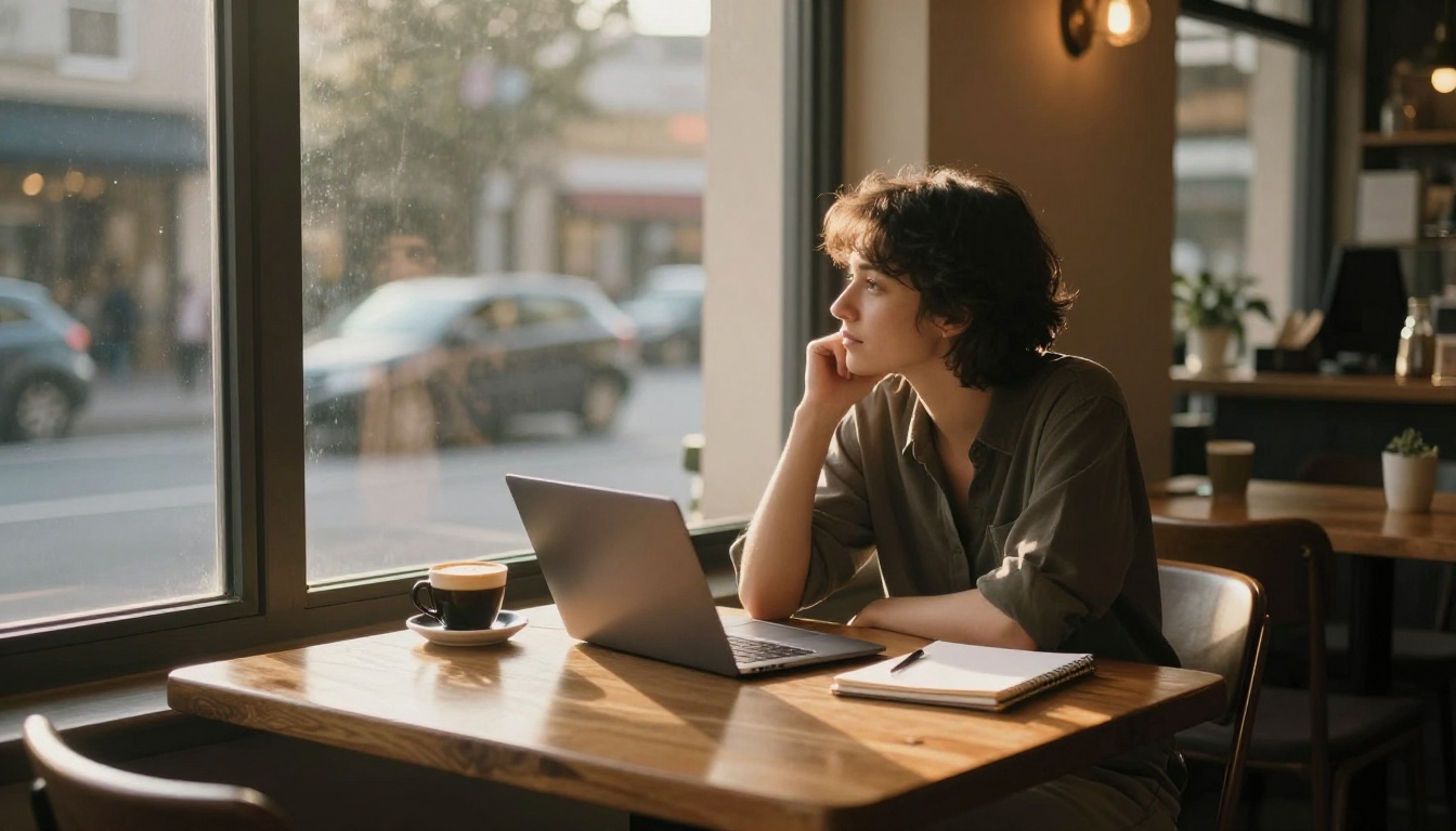 A small business owner at a cafe table at sunrise with a laptop and notebook