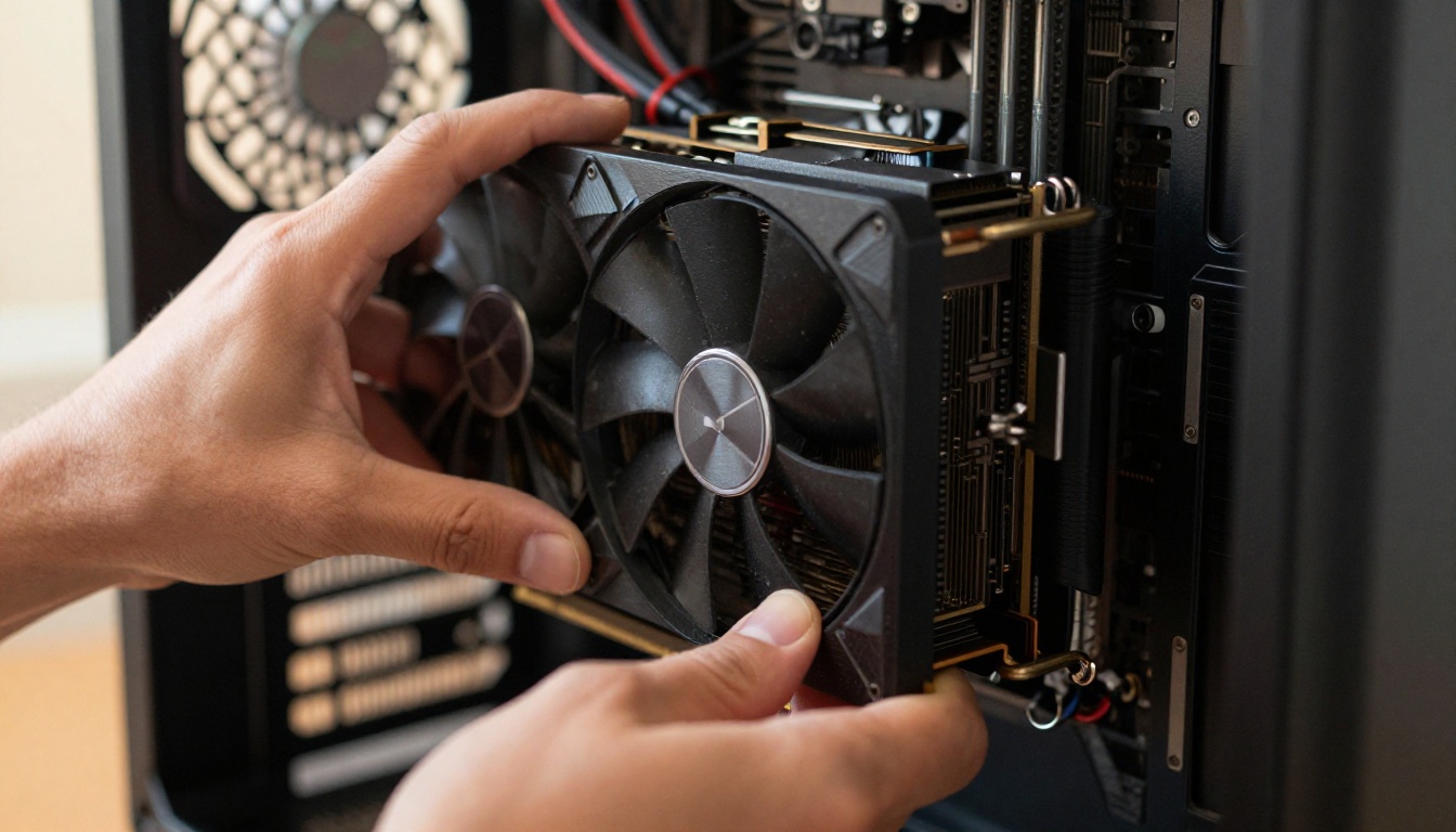 Hands installing a large three-fan graphics card into a desktop computer case Hands installing a large three-fan graphics card into a desktop computer case