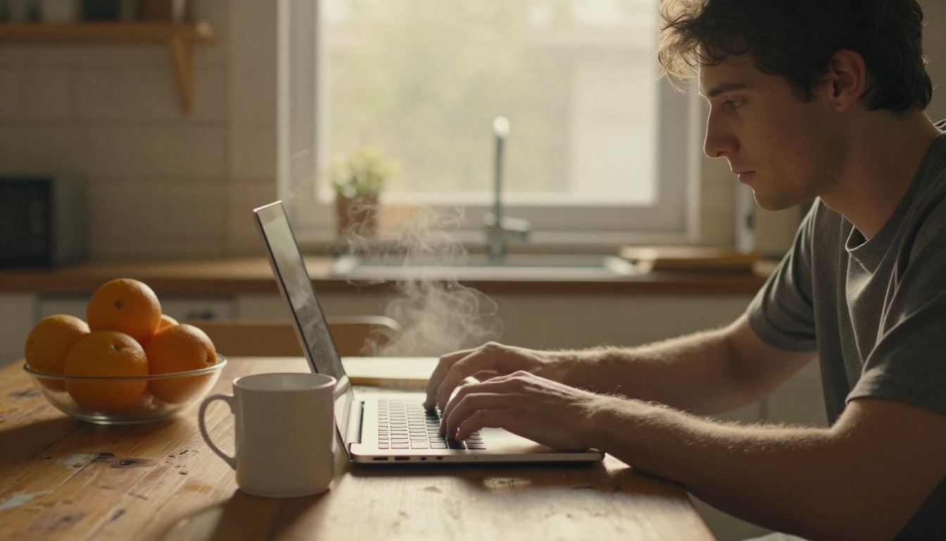 A young man typing on a laptop at a kitchen table in morning light A young man typing on a laptop at a kitchen table in morning light