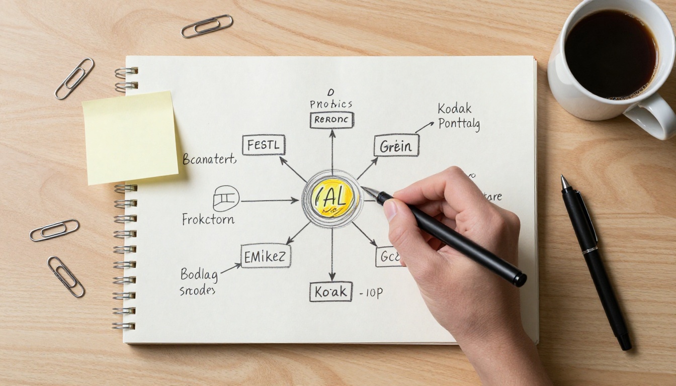 Top-down view of a hand-drawn flowchart in a notebook beside sticky notes and a latte on a light oak table