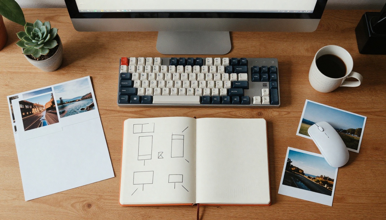 A tidy desk with a sketchbook, mouse, coffee cup and printed landscape photographs A tidy desk with a sketchbook, mouse, coffee cup and printed landscape photographs