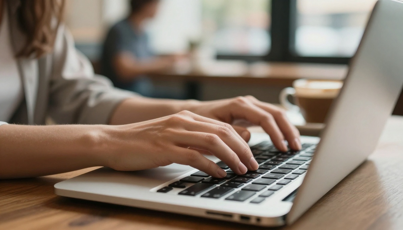 Close-up of a woman's hands typing on a silver laptop in a bright cafe with a cappuccino nearby