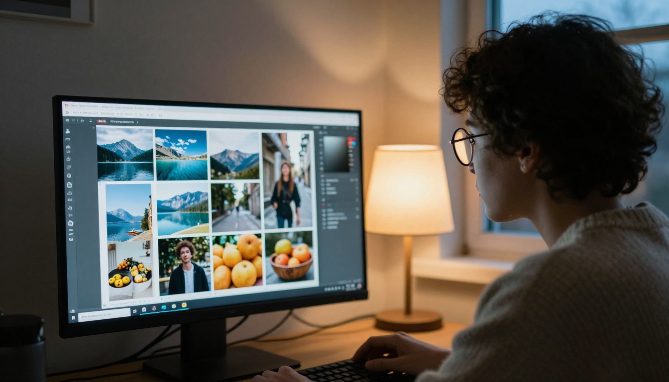 Over-the-shoulder view of a developer watching a monitor full of finished photographs Over-the-shoulder view of a developer watching a monitor full of finished photographs