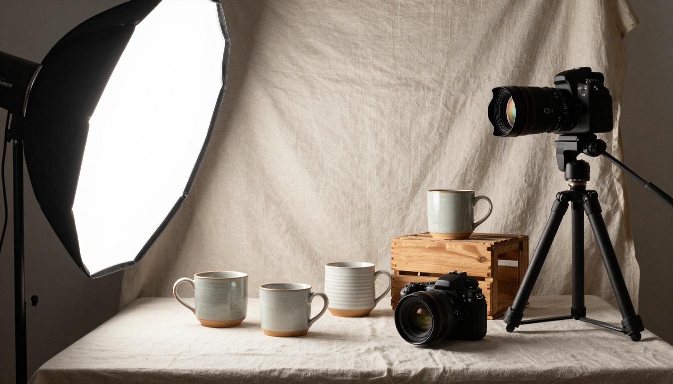 Table-height view of three handmade ceramic mugs on linen in a small product photography studio