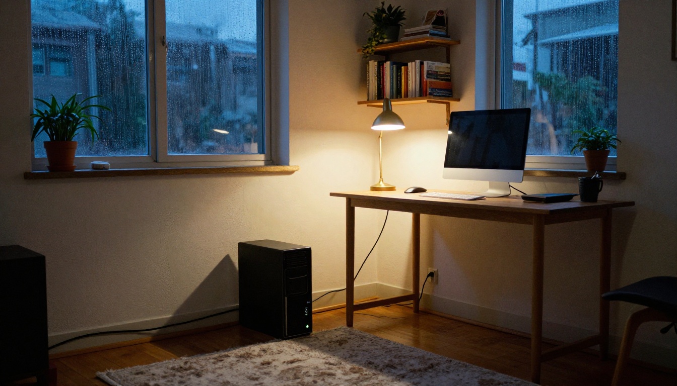 A small apartment home office at dusk with a desktop tower beside a wooden desk A small apartment home office at dusk with a desktop tower beside a wooden desk