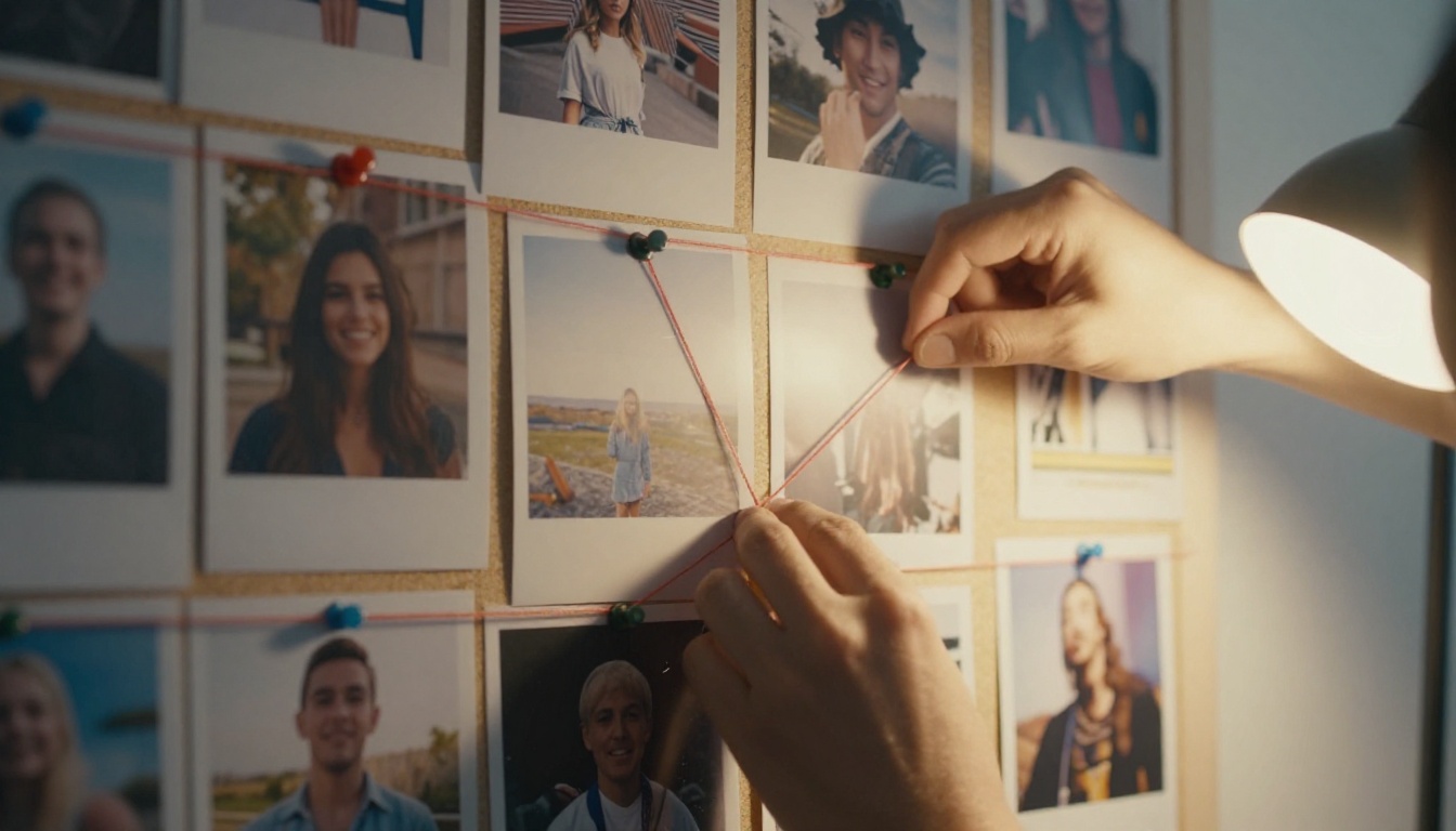 Side view of a cork board with printed photos and index cards joined by red string