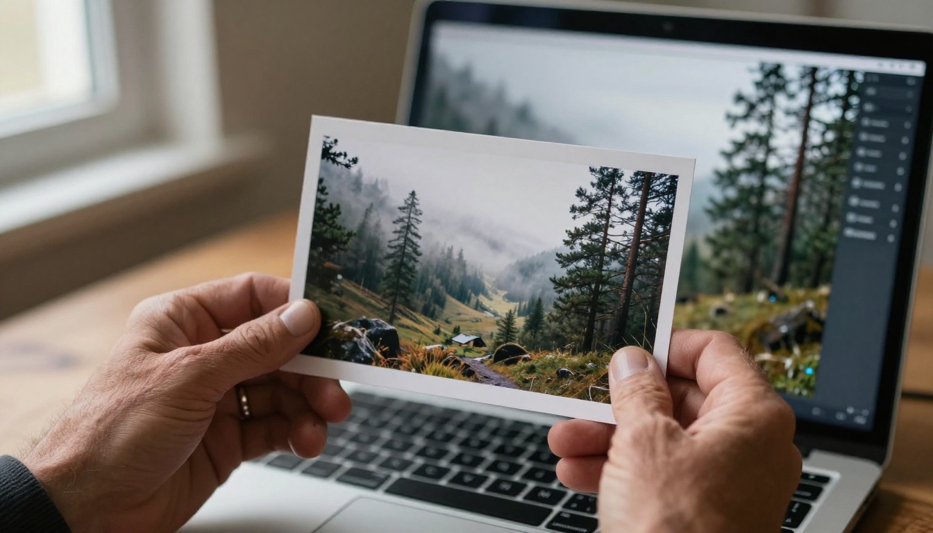 A photographer's hands holding a printed landscape photo beside a laptop showing a similar image A photographer's hands holding a printed landscape photo beside a laptop showing a similar image