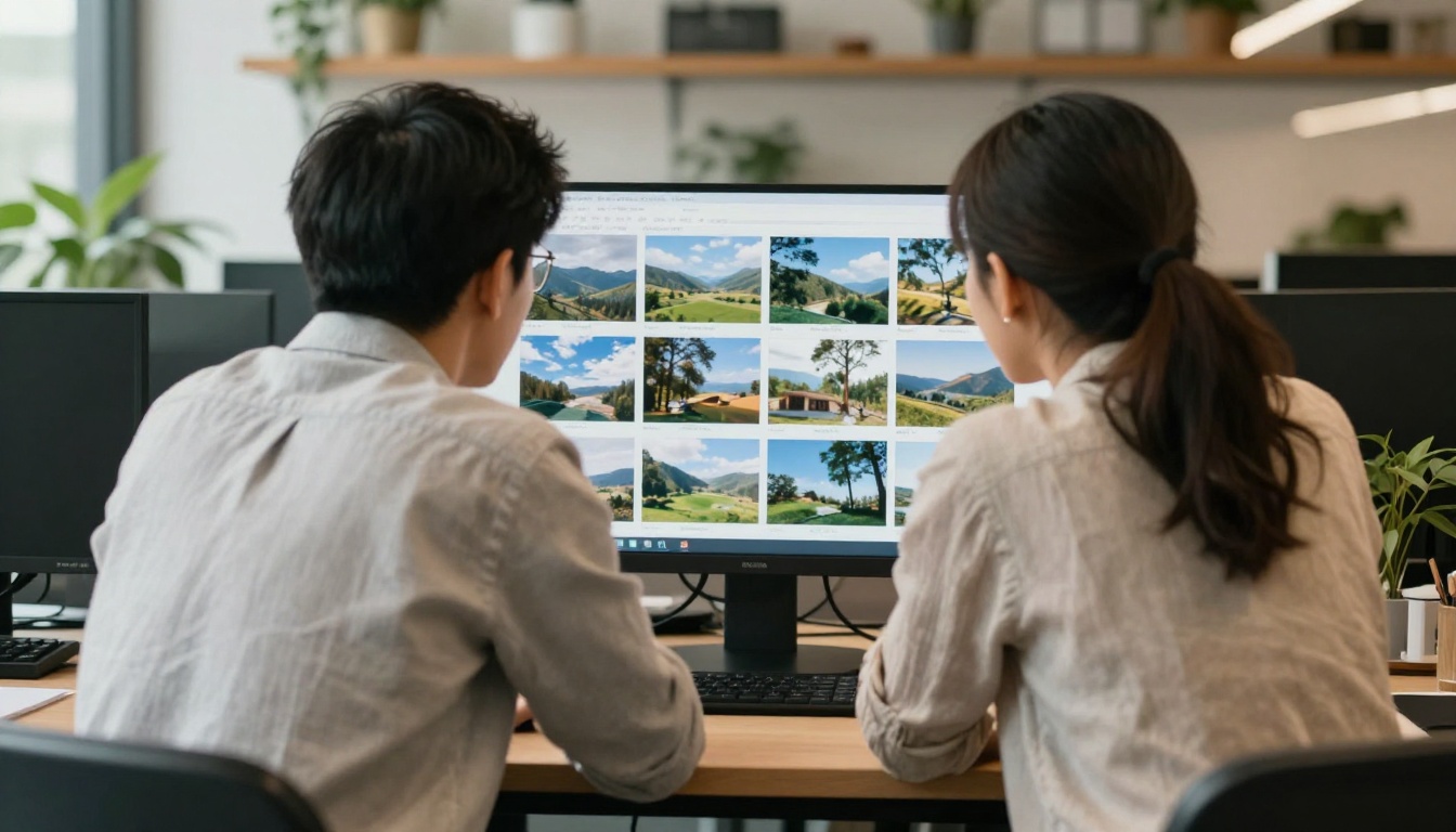Two colleagues leaning toward a monitor to review a grid of landscape photographs in a bright office