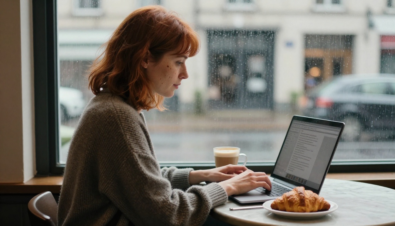 A woman working on a laptop at a rainy cafe window A woman working on a laptop at a rainy cafe window
