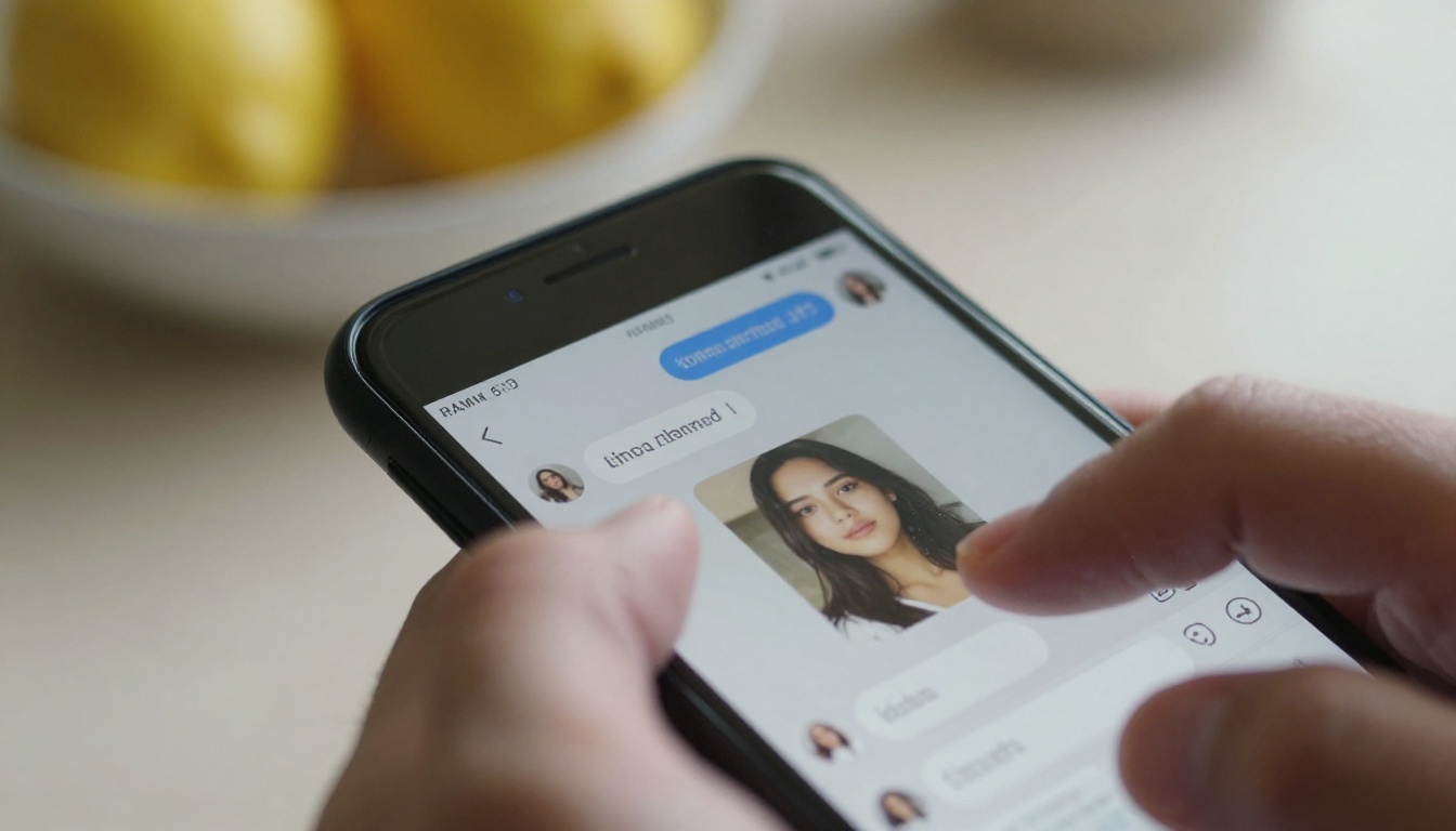 Macro view of a hand holding a smartphone with a chat conversation and a photo thumbnail