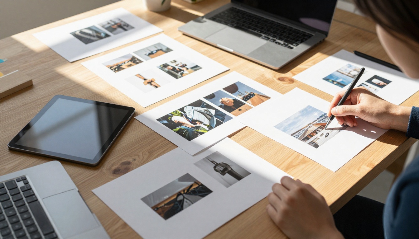 Aerial view of a wooden workbench with a tablet, laptop and printed photo proofs in afternoon light