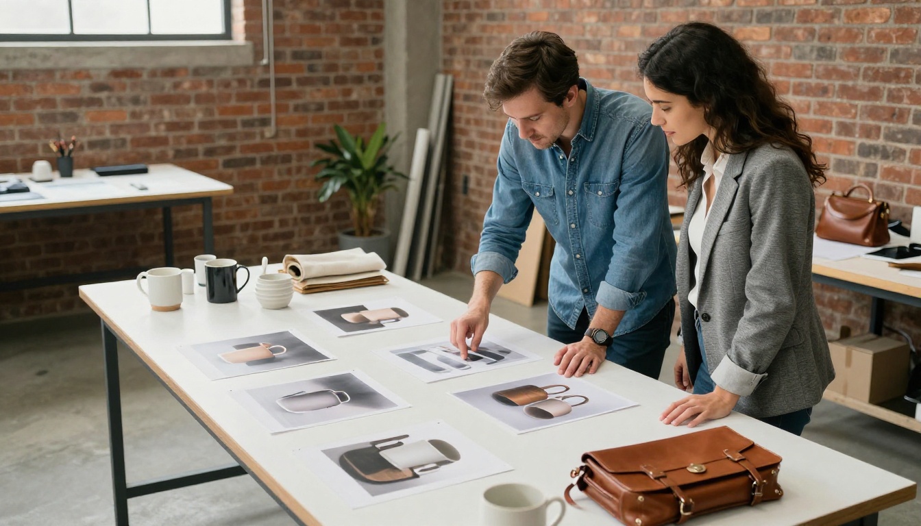 Two designers reviewing printed product photographs at a studio table Two designers reviewing printed product photographs at a studio table