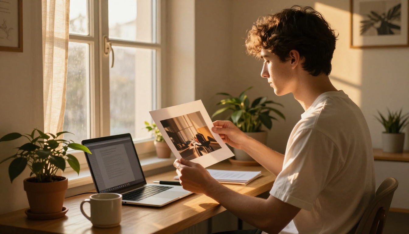 Young creator holding a printed photograph up to a sunset window in a small home studio