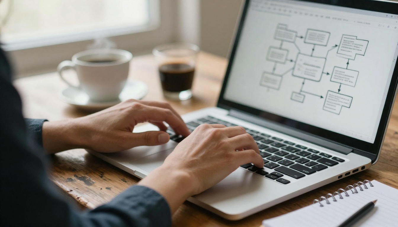 Content strategist sketching a workflow of connected boxes in a notebook beside a laptop