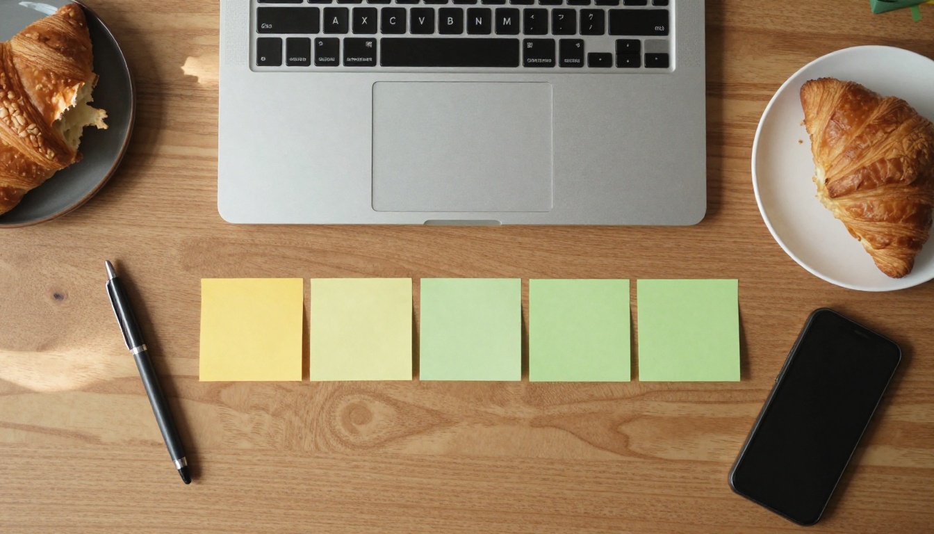 Top down view of a desk with a laptop showing a workflow canvas and sticky notes