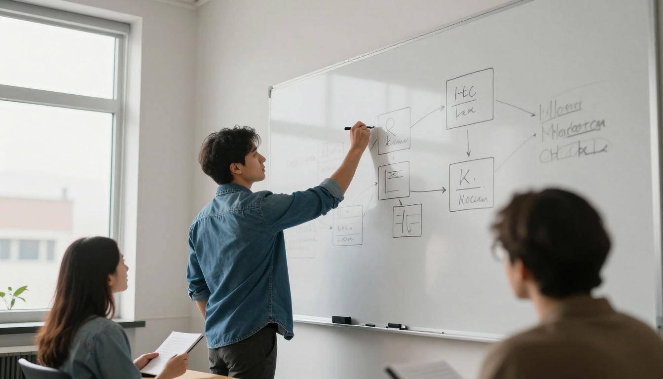 Marketing lead drawing connected boxes on a whiteboard in a meeting room