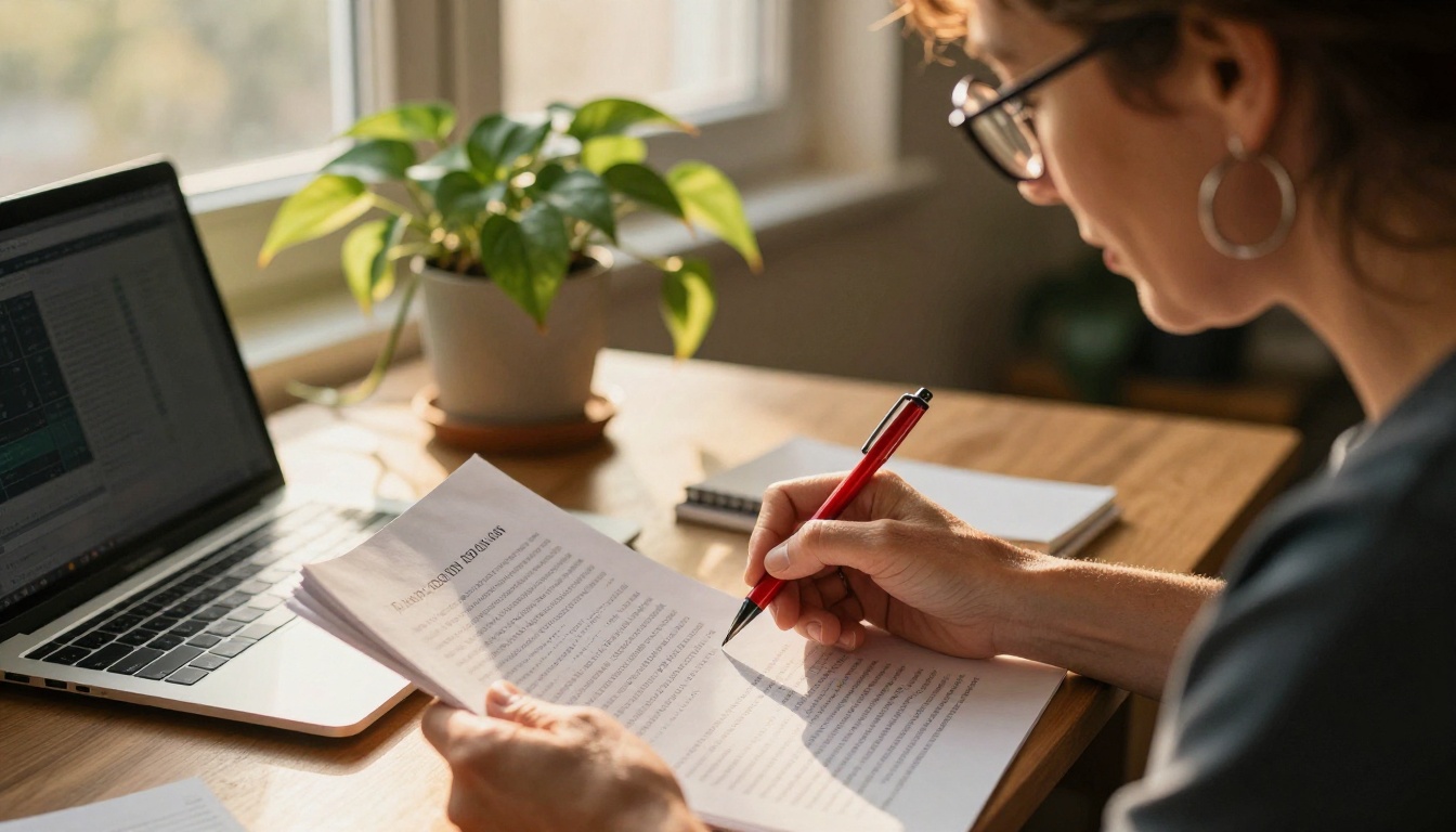 Editor reviewing a printed article draft with a red pen at a sunlit table