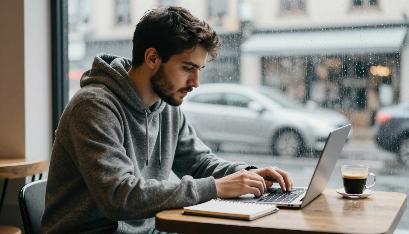 SEO specialist working on a laptop in a rainy cafe
